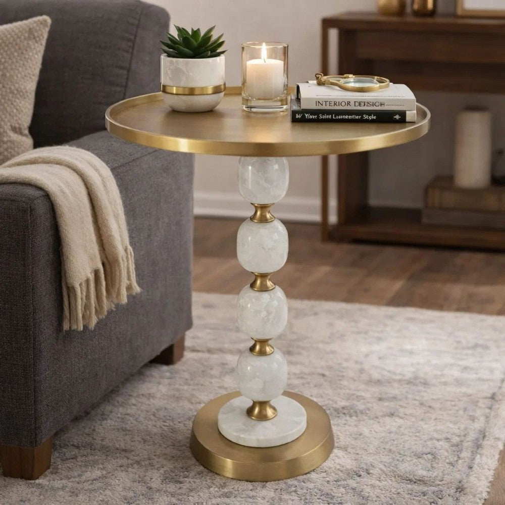 Siny Side End Table | 16" Round Top | White, Gold Stacked Balls Base