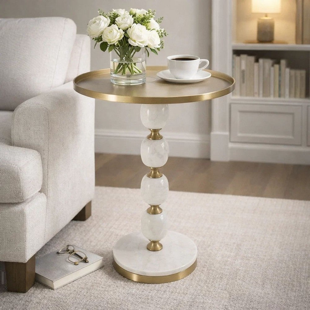 Siny Accent Side End Table | 16" Round Gold Top | White Stacked Balls Base