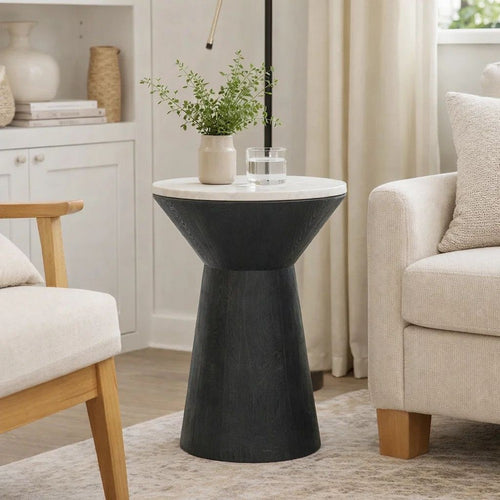 Peny Side End Table | 16" White Marble Top | Black Angled Pedestal Base