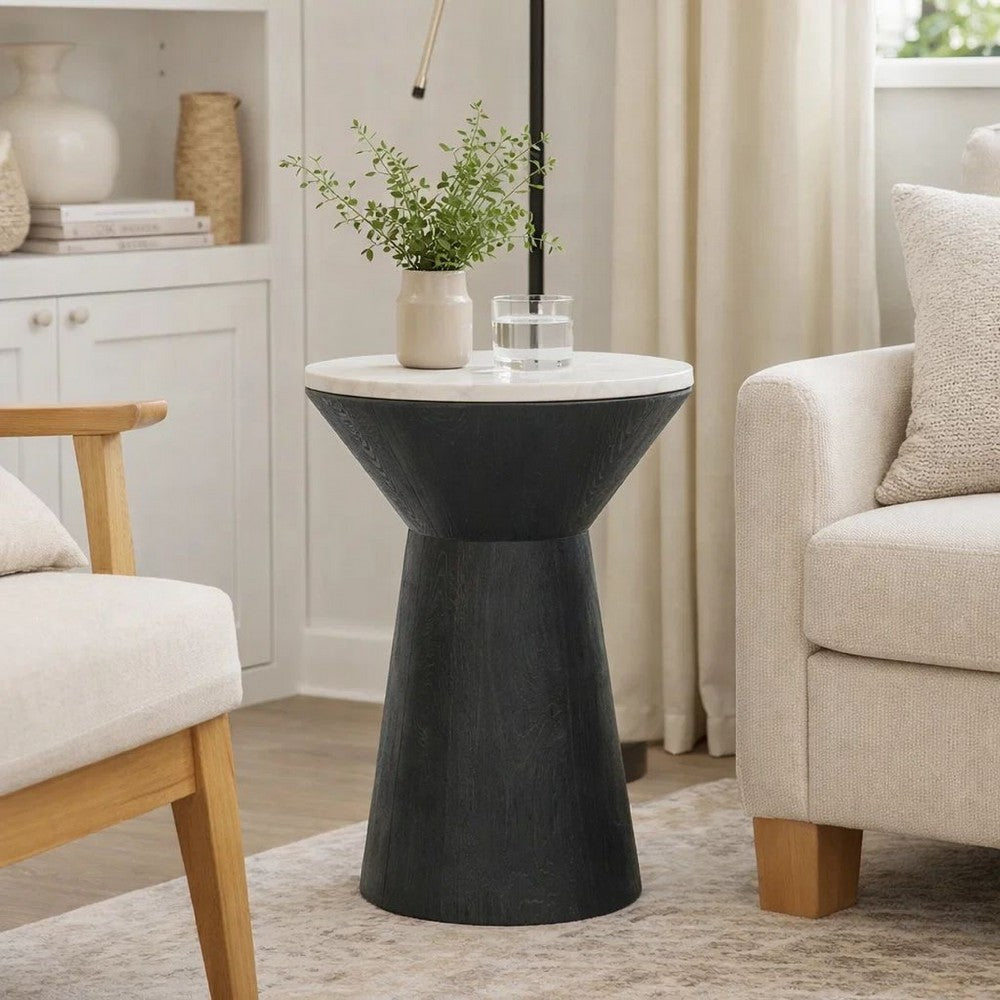 Peny Side End Table | 16" White Marble Top | Black Angled Pedestal Base