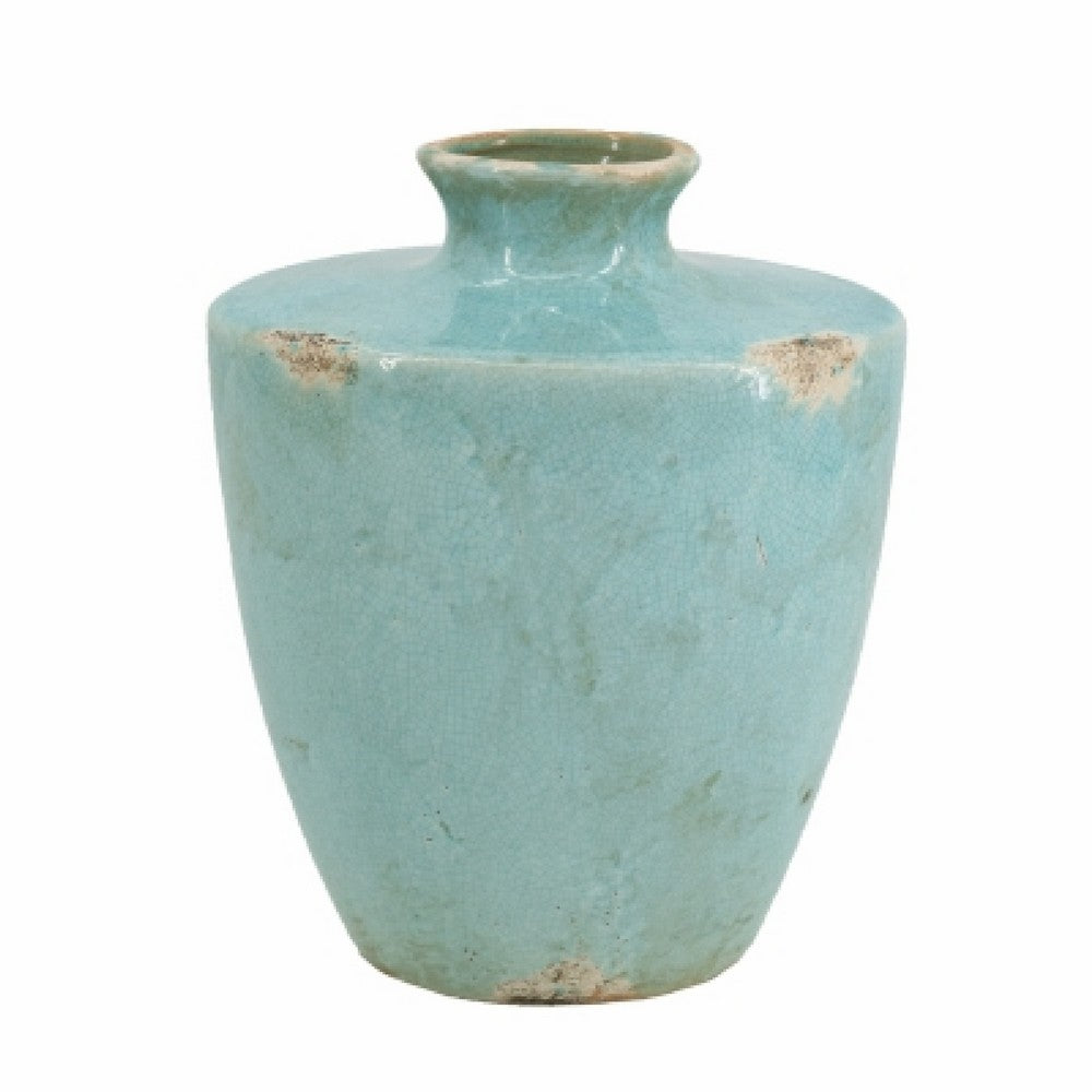 Tery Decorative Flower Vase | 10" | Glazed Blue Patina Terracotta