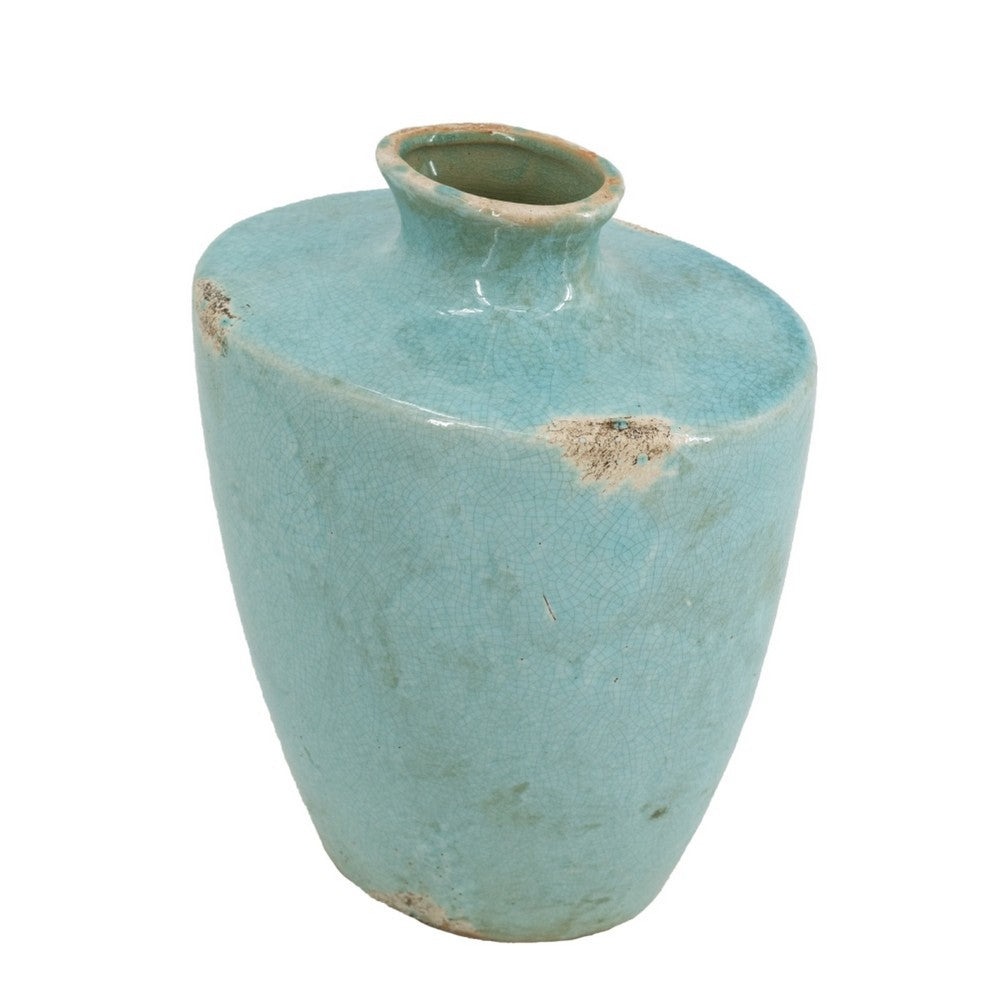 Tery Decorative Flower Vase | 10" | Glazed Blue Patina Terracotta