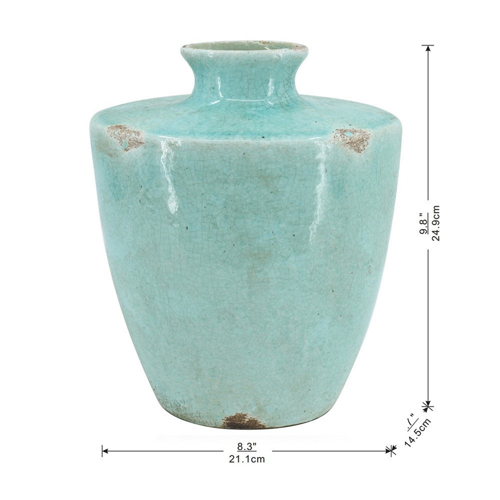 Tery Decorative Flower Vase | 10" | Glazed Blue Patina Terracotta