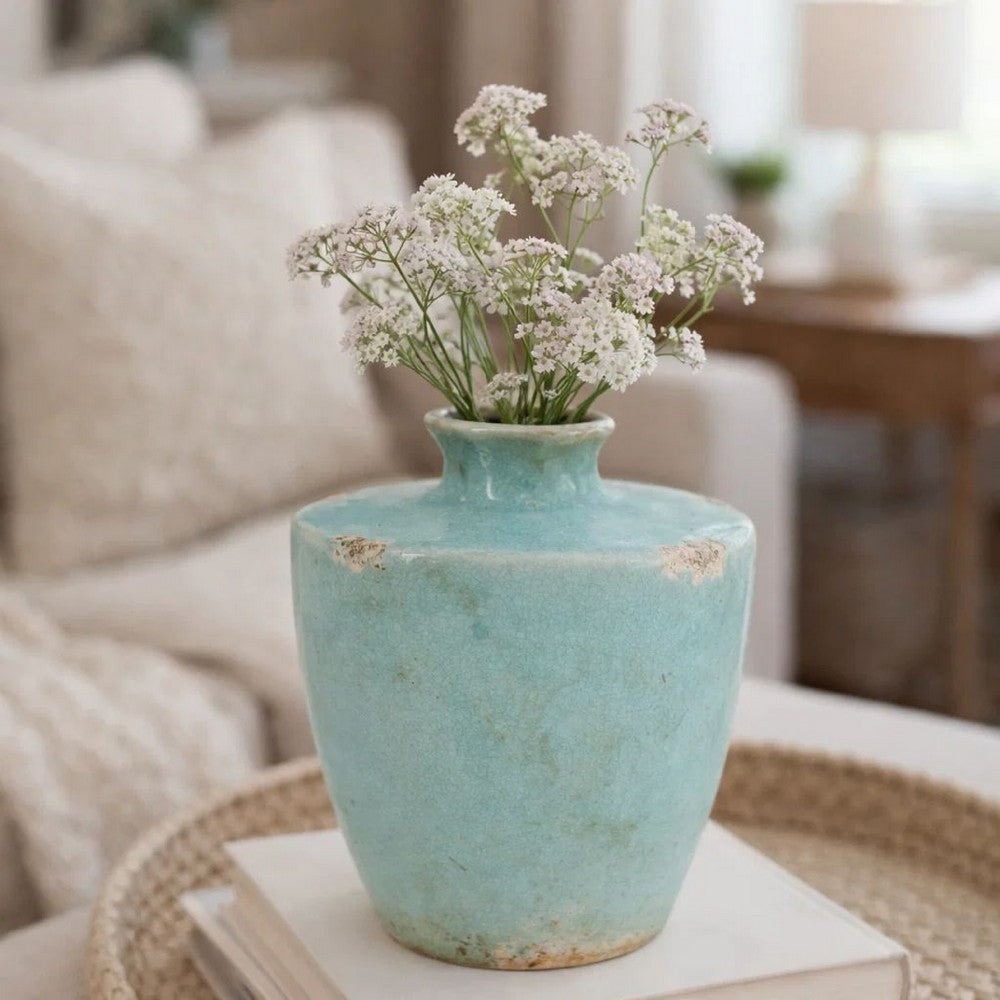Tery Decorative Flower Vase | 10" | Glazed Blue Patina Terracotta