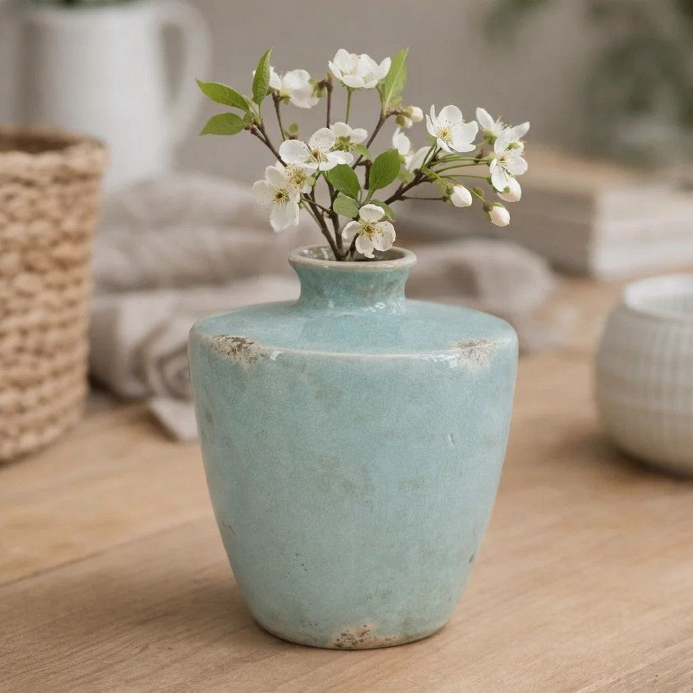 Tery Decorative Flower Vase | 10" | Glazed Blue Patina Terracotta