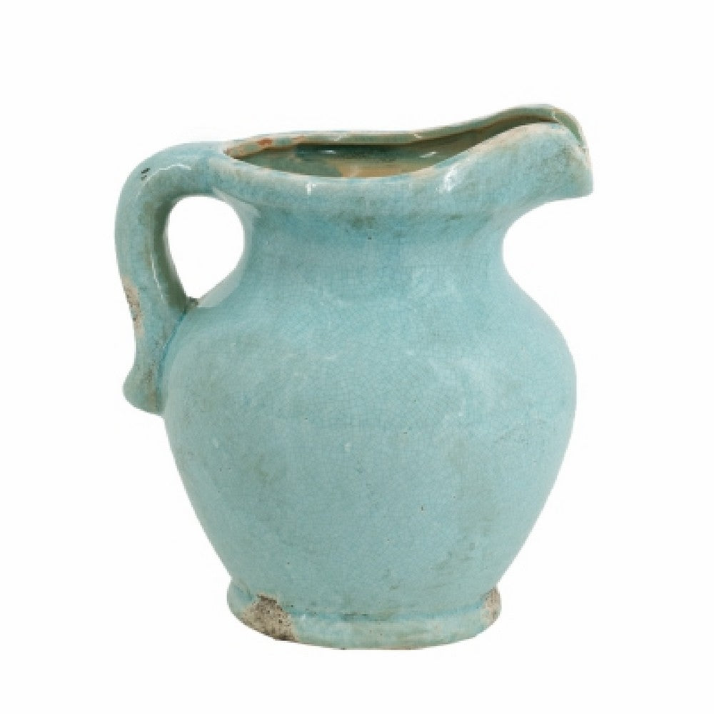Tery Decorative Flower Vase with Handle | 9" | Glazed Blue Terracotta