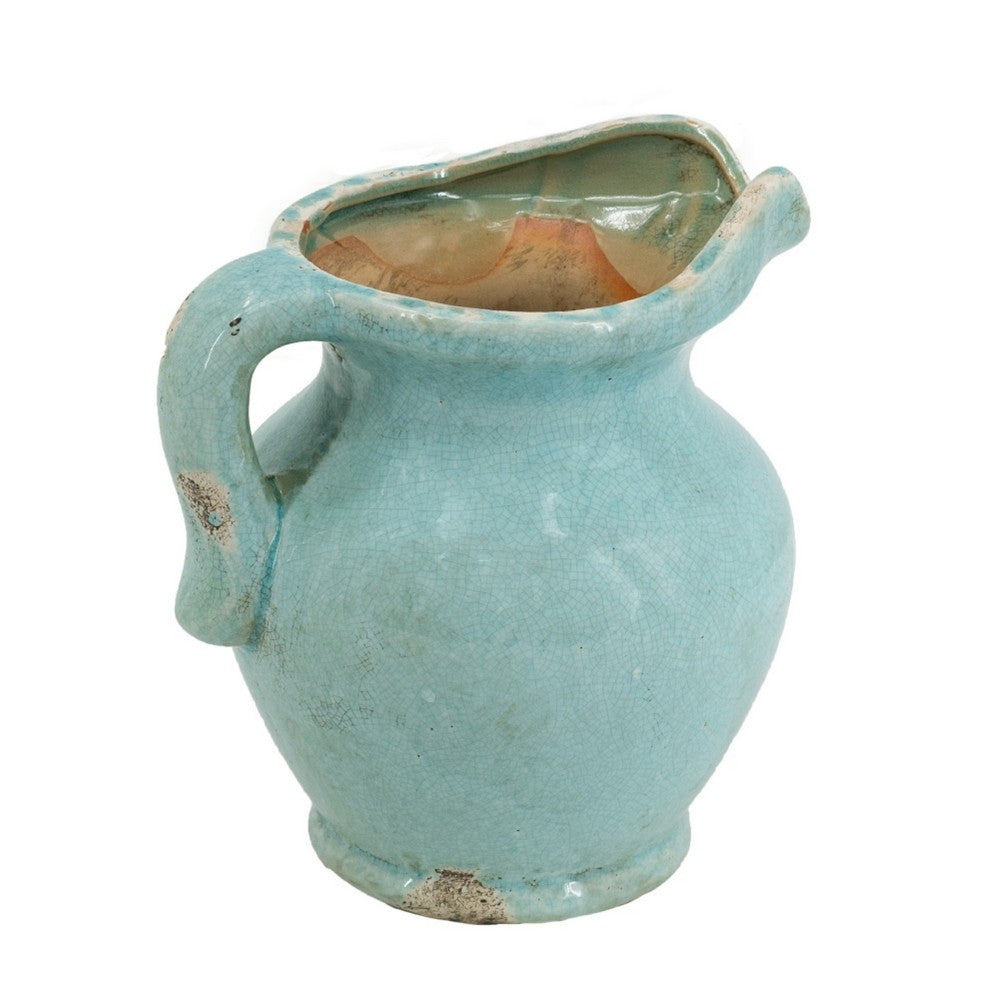 Tery Decorative Flower Vase with Handle | 9" | Glazed Blue Terracotta