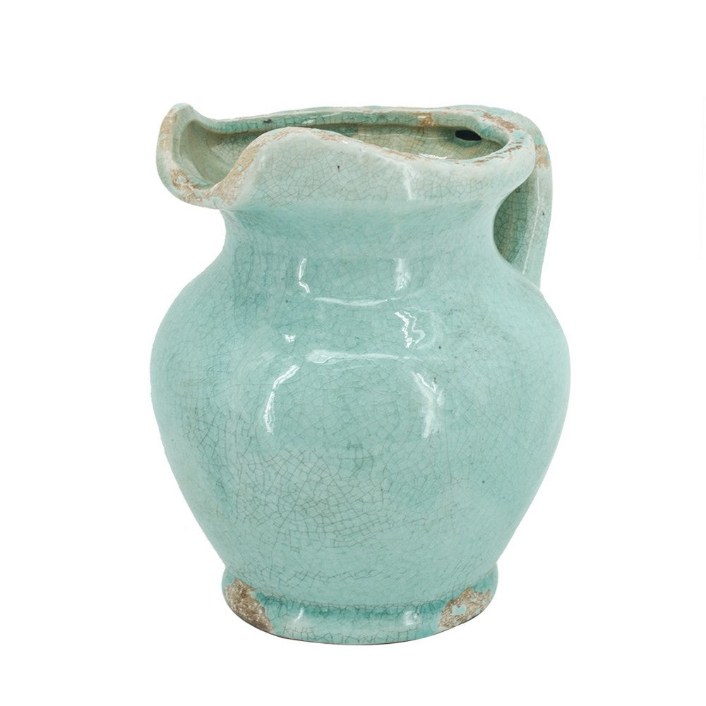 Tery Decorative Flower Vase with Handle | 9" | Glazed Blue Terracotta