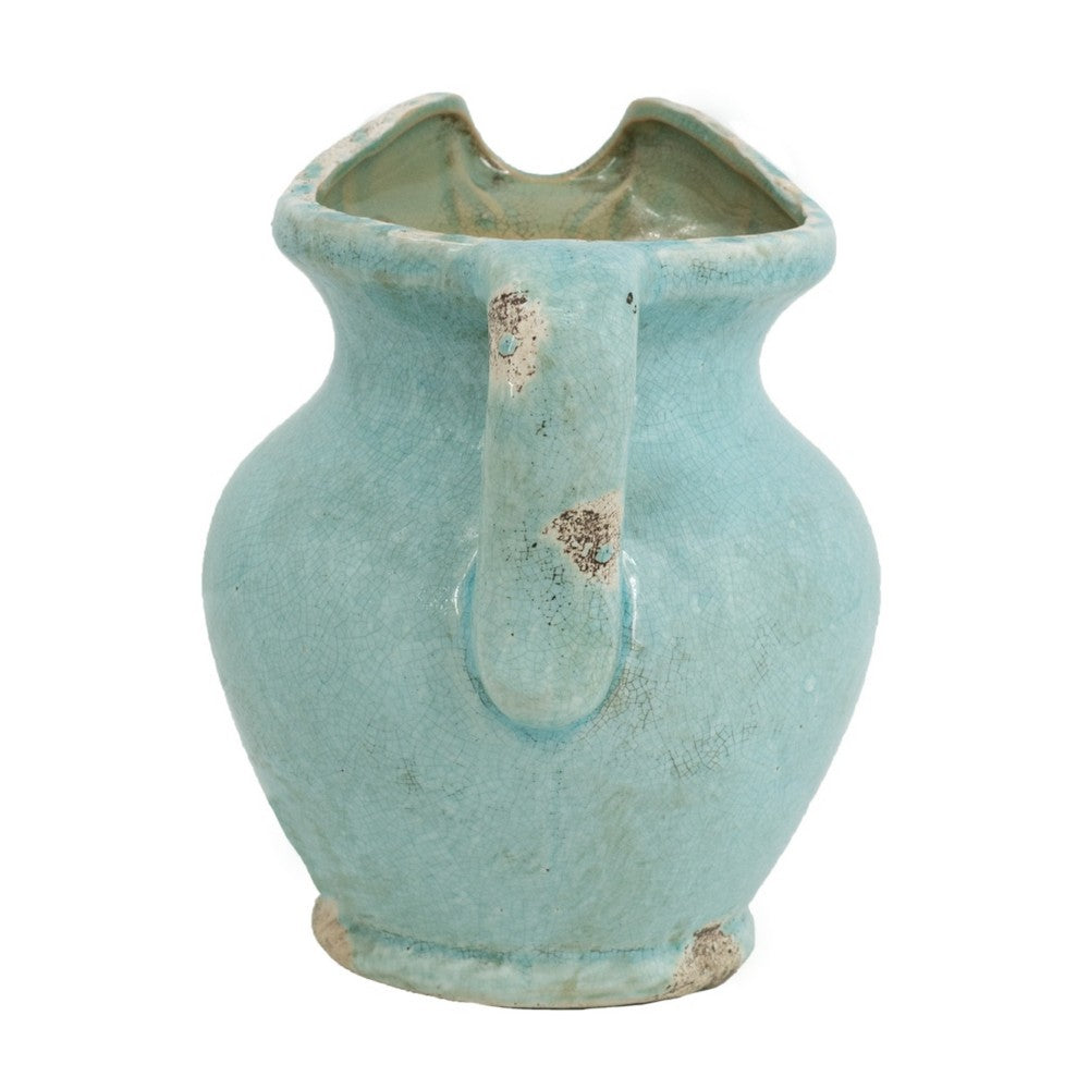 Tery Decorative Flower Vase with Handle | 9" | Glazed Blue Terracotta