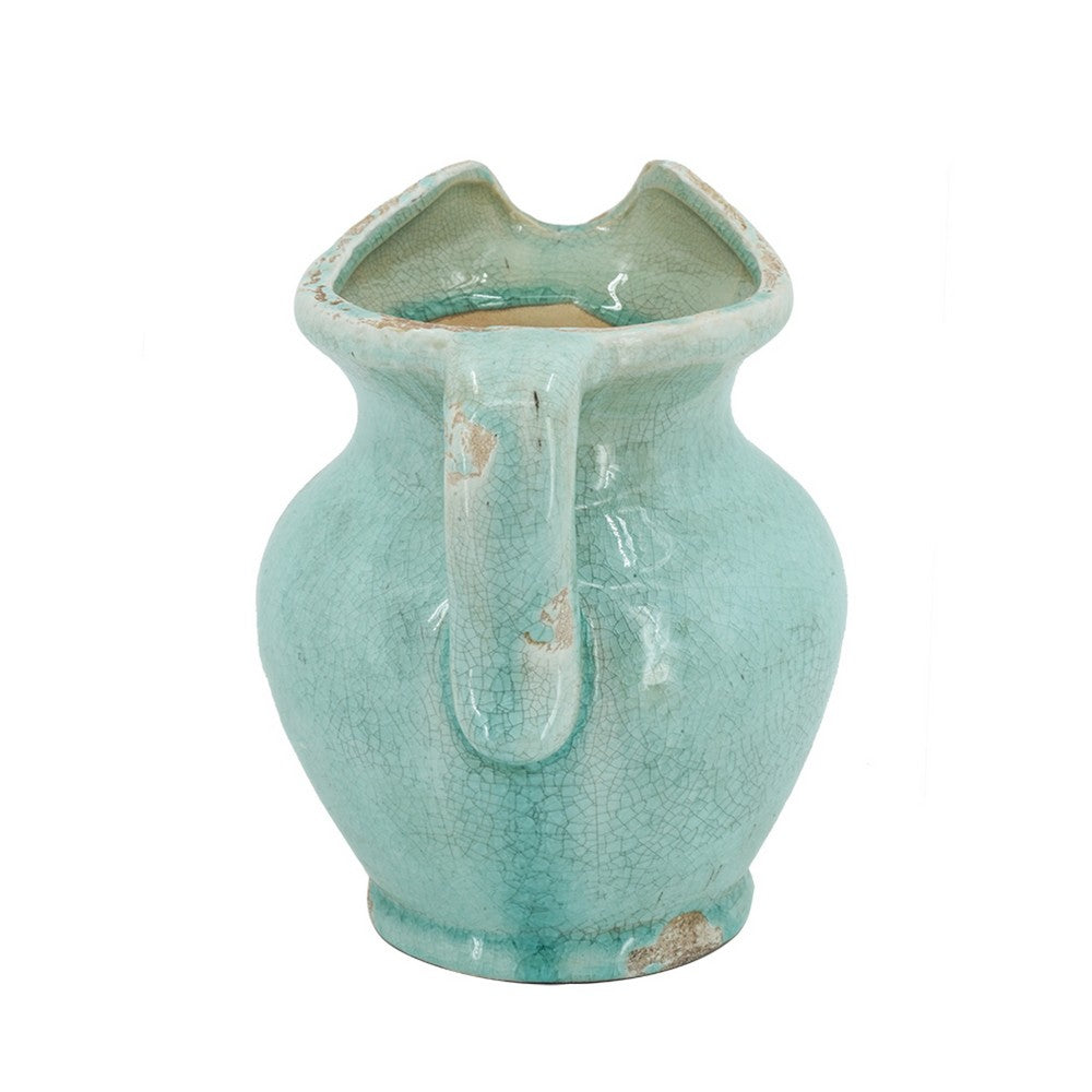 Tery Decorative Flower Vase with Handle | 9" | Glazed Blue Terracotta