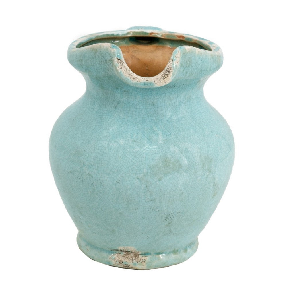 Tery Decorative Flower Vase with Handle | 9" | Glazed Blue Terracotta