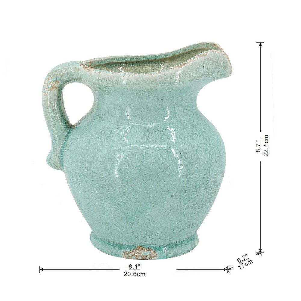 Tery Decorative Flower Vase with Handle | 9" | Glazed Blue Terracotta