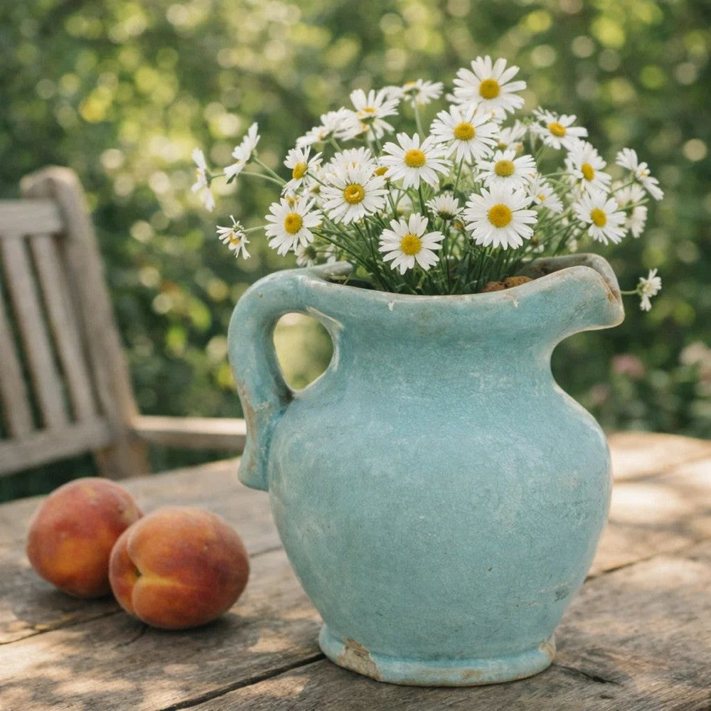 Tery Decorative Flower Vase with Handle | 9" | Glazed Blue Terracotta