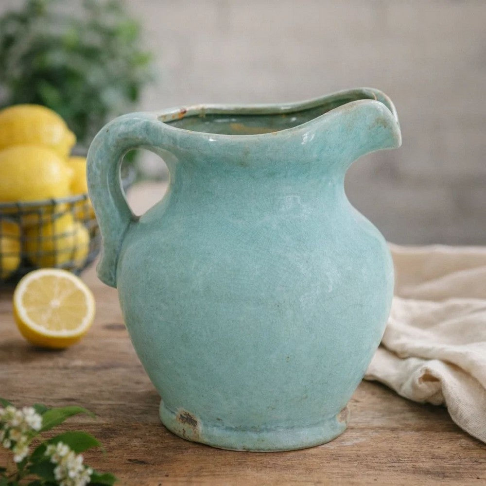 Tery Decorative Flower Vase with Handle | 9" | Glazed Blue Terracotta
