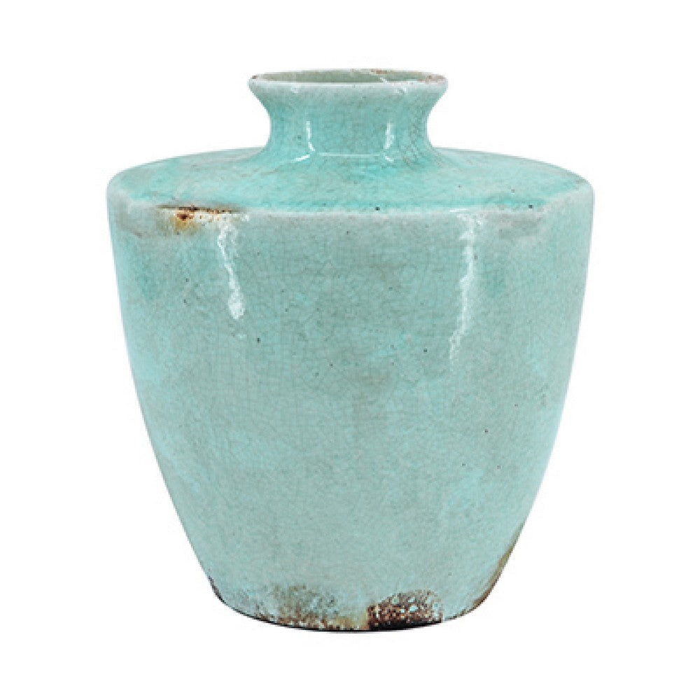 Tery Decorative Flower Vase | 12" | Angled Glazed Blue Patina Terracotta