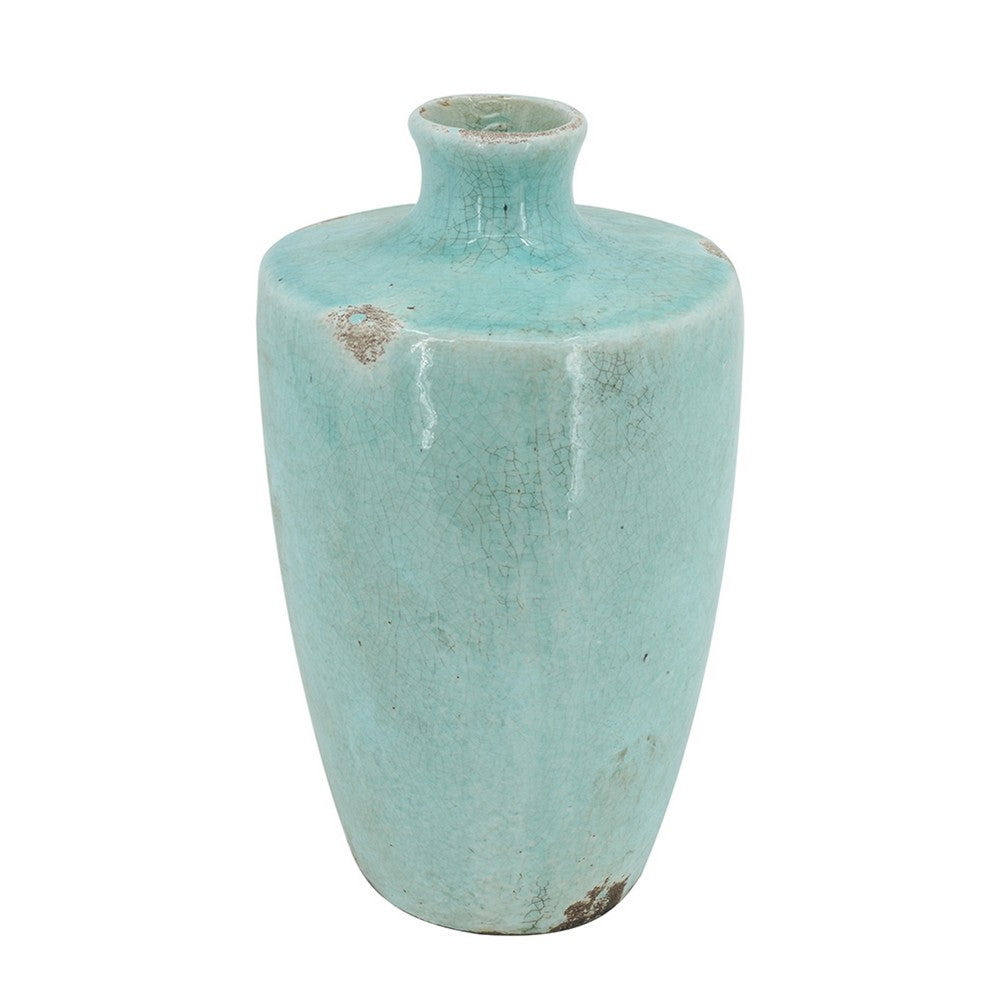 Tery Decorative Flower Vase | 12" | Angled Glazed Blue Patina Terracotta