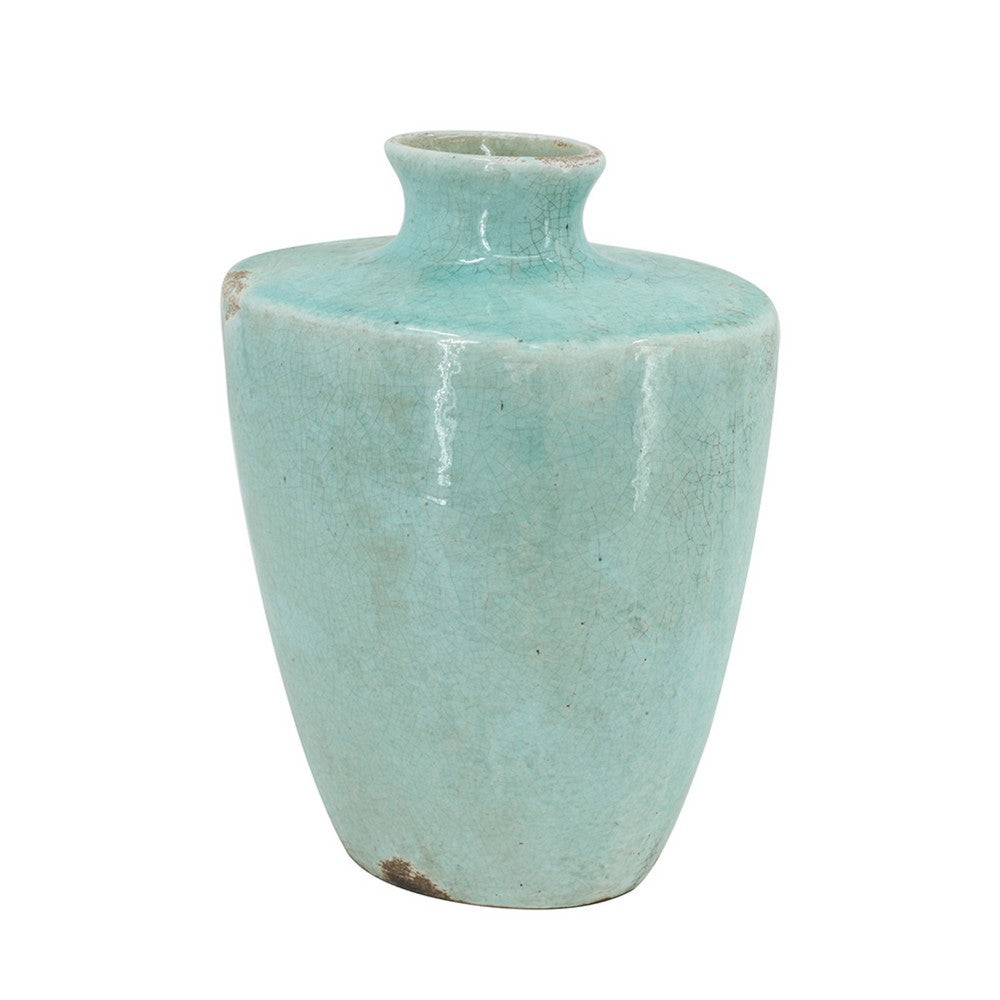 Tery Decorative Flower Vase | 12" | Angled Glazed Blue Patina Terracotta