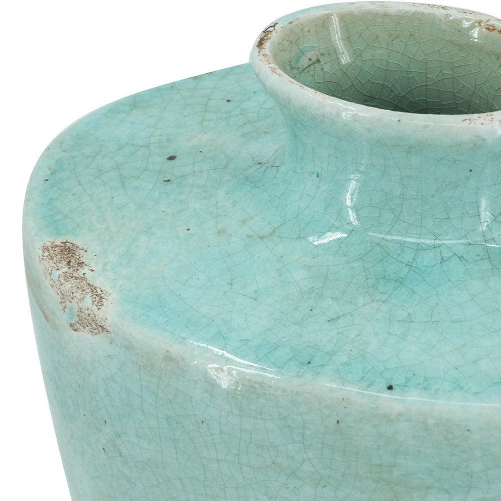 Tery Decorative Flower Vase | 12" | Angled Glazed Blue Patina Terracotta