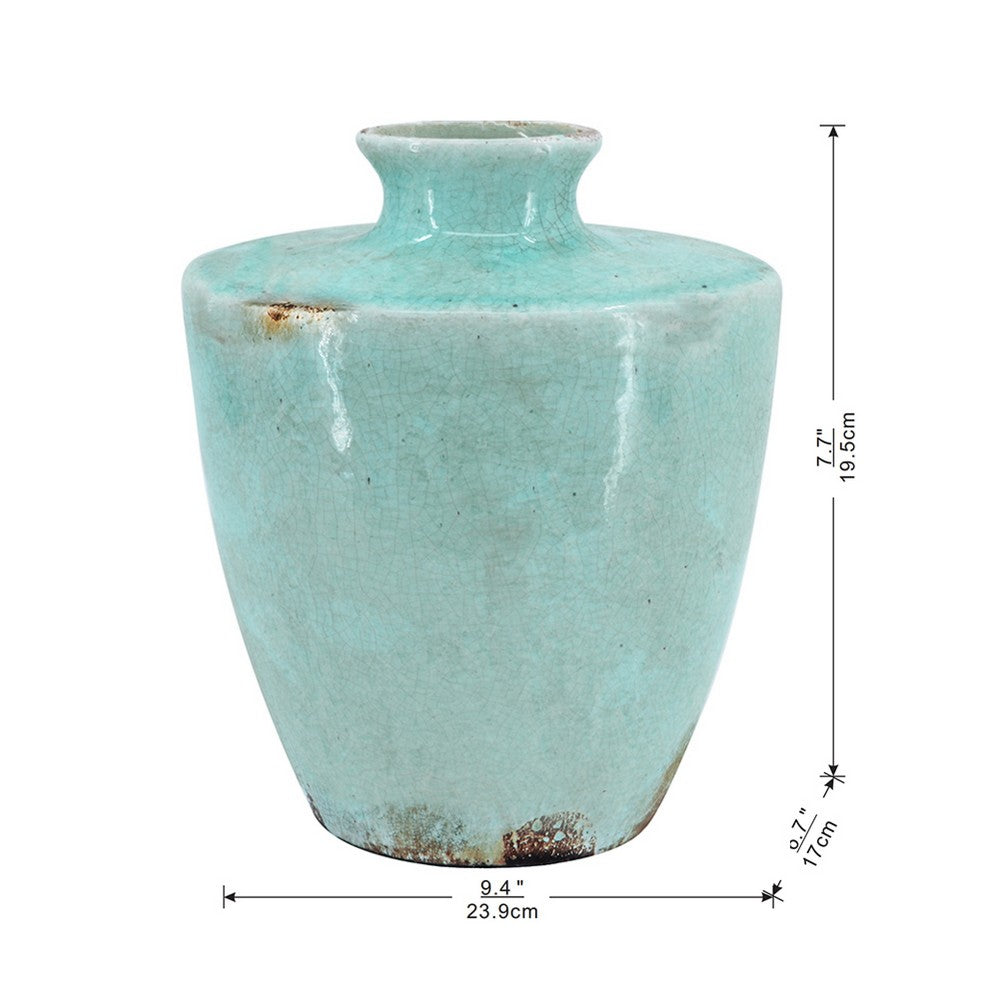 Tery Decorative Flower Vase | 12" | Angled Glazed Blue Patina Terracotta
