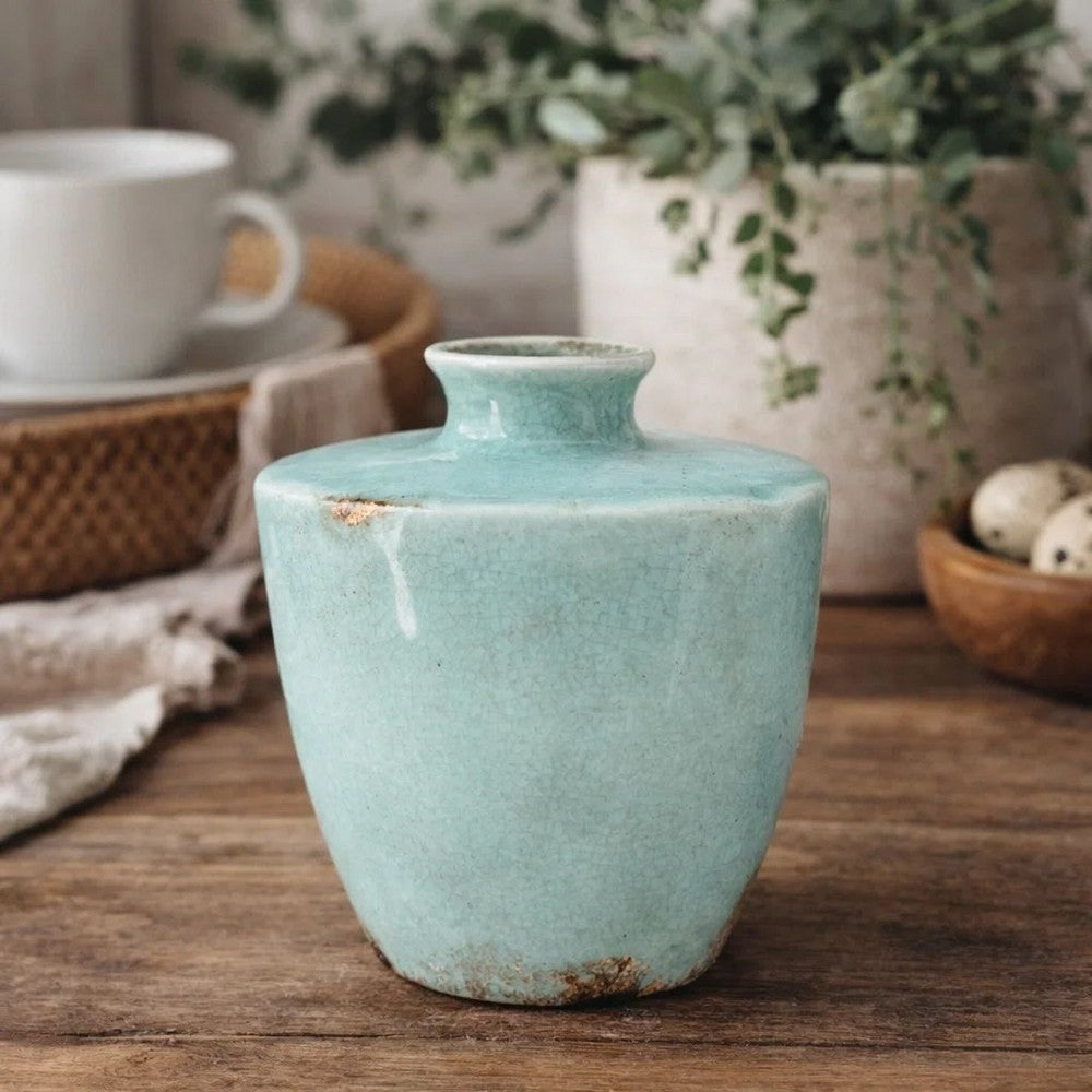Tery Decorative Flower Vase | 12" | Angled Glazed Blue Patina Terracotta
