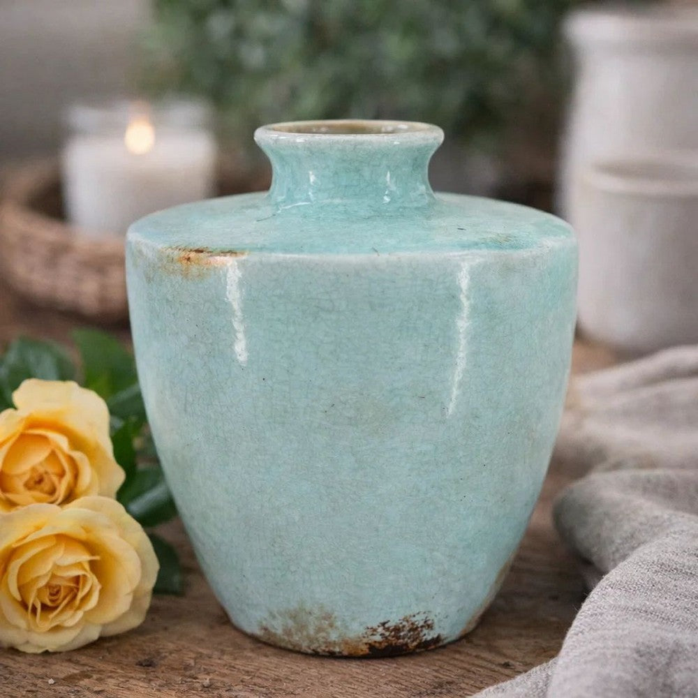 Tery Decorative Flower Vase | 12" | Angled Glazed Blue Patina Terracotta
