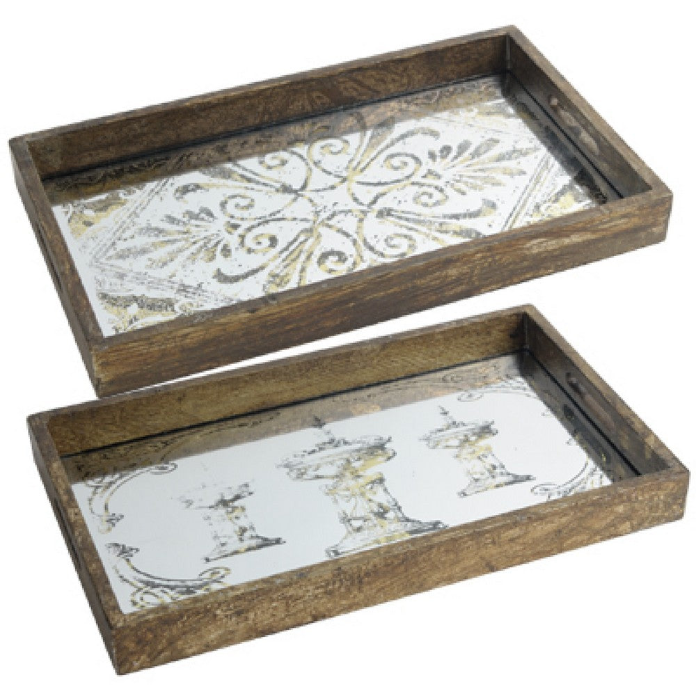 Gery Serving Tray Set of 2 | Patterned Glass Base & Rustic Brown Frame