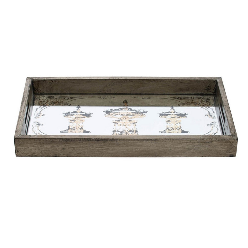 Gery Serving Tray Set of 2 | Patterned Glass Base & Rustic Brown Frame