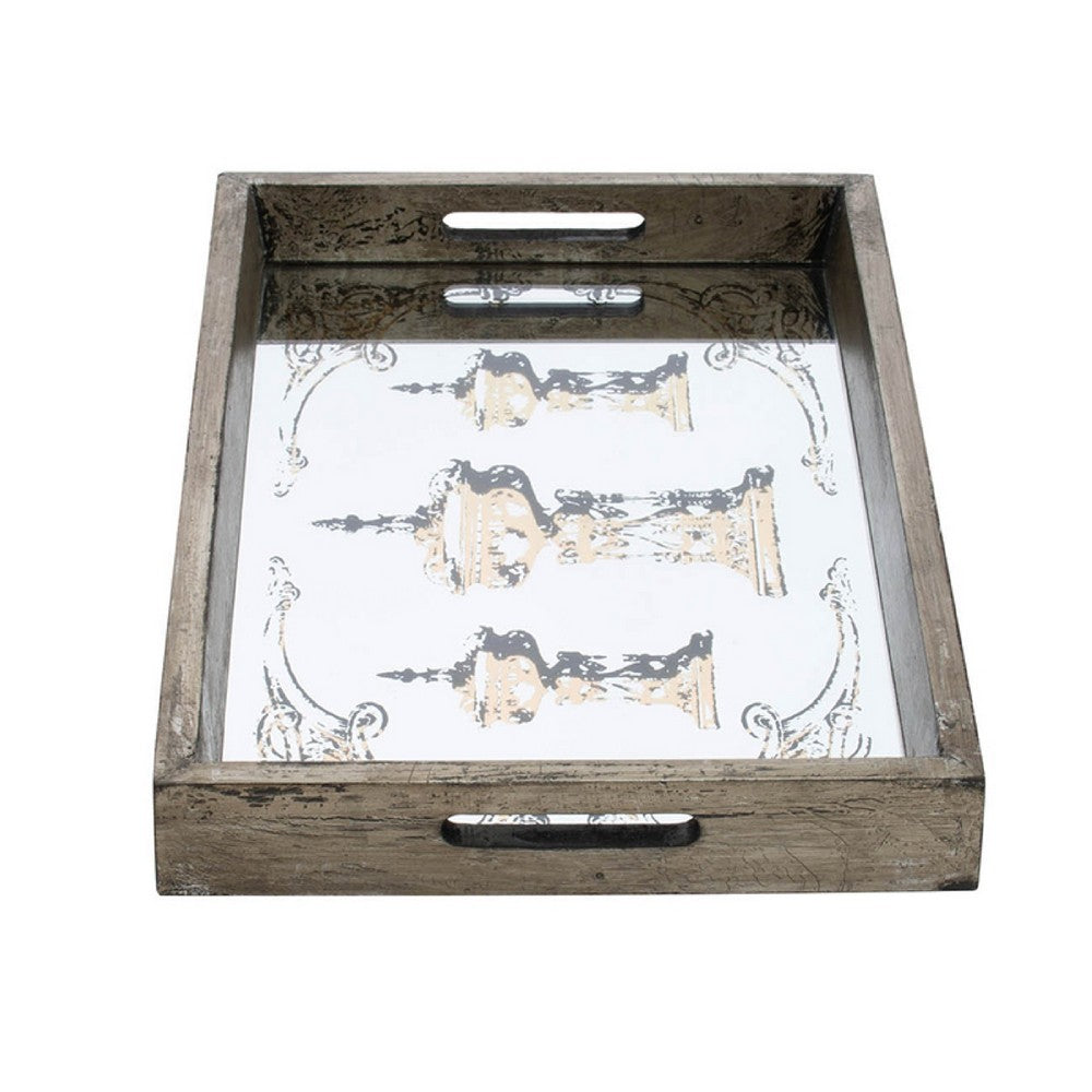 Gery Serving Tray Set of 2 | Patterned Glass Base & Rustic Brown Frame