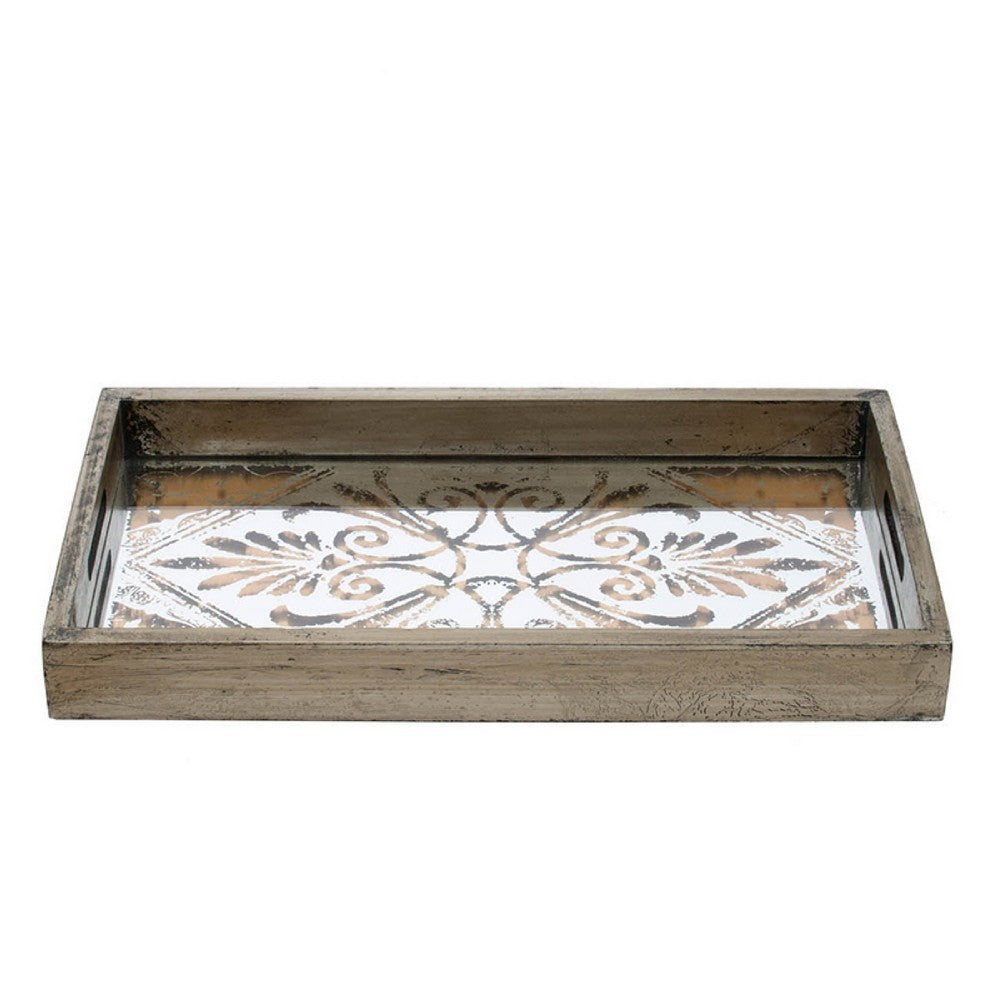 Gery Serving Tray Set of 2 | Patterned Glass Base & Rustic Brown Frame