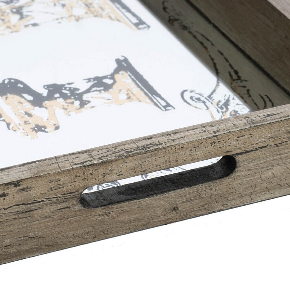 Gery Serving Tray Set of 2 | Patterned Glass Base & Rustic Brown Frame