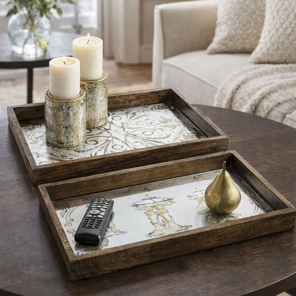 Gery Serving Tray Set of 2 | Patterned Glass Base & Rustic Brown Frame