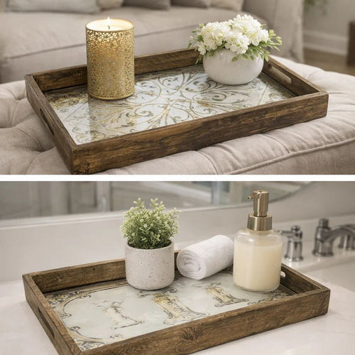 Gery Serving Tray Set of 2 | Patterned Glass Base & Rustic Brown Frame