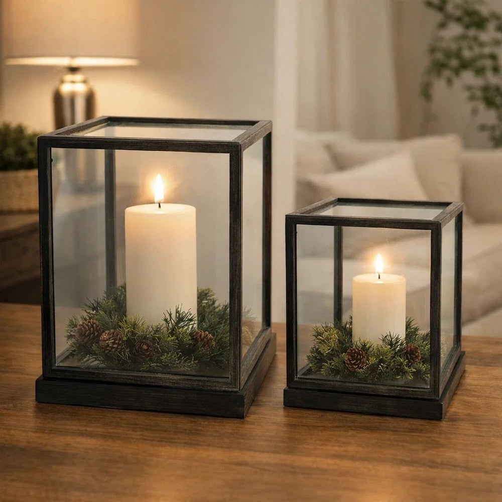 Jeny Display Box Set of 2 | Square Clear Glass with Black Fir Wood Frame