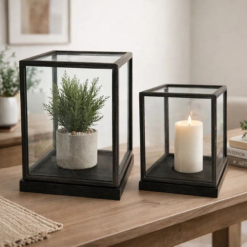 Jeny Display Box Set of 2 | Square Clear Glass with Black Fir Wood Frame