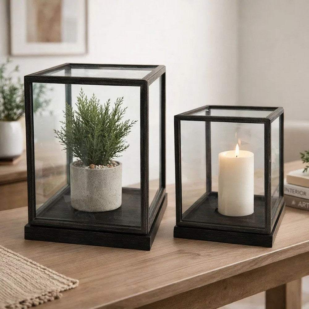 Jeny Display Box Set of 2 | Square Clear Glass with Black Fir Wood Frame