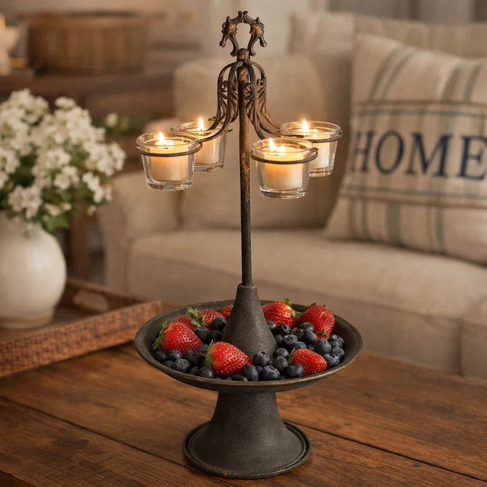 Fia Votive Candle Holder 4 Glass Cups | Black Metal Base with Finial Top