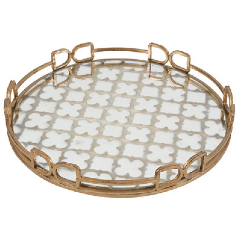 Amy Decorative Serving Tray | 16" Round Patterned Glass | Gold Metal
