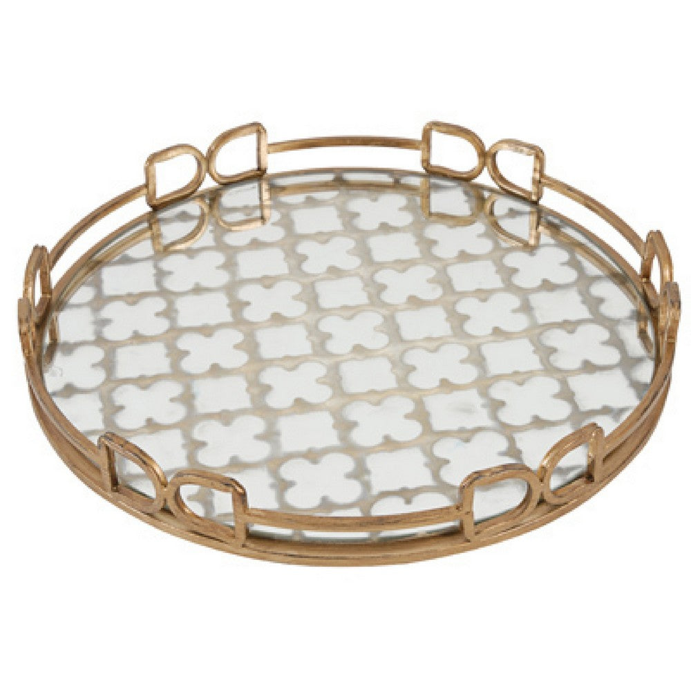 Amy Decorative Serving Tray | 16" Round Patterned Glass | Gold Metal