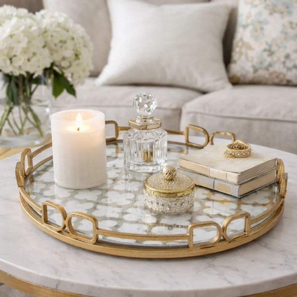 Amy Decorative Serving Tray | 16" Round Patterned Glass | Gold Metal