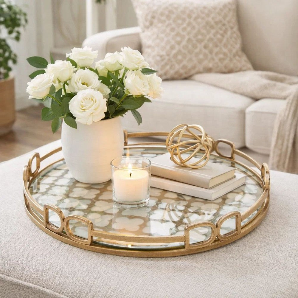 Amy Decorative Serving Tray | 16" Round Patterned Glass | Gold Metal