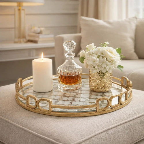 Amy Decorative Serving Tray | 16" Round Patterned Glass | Gold Metal