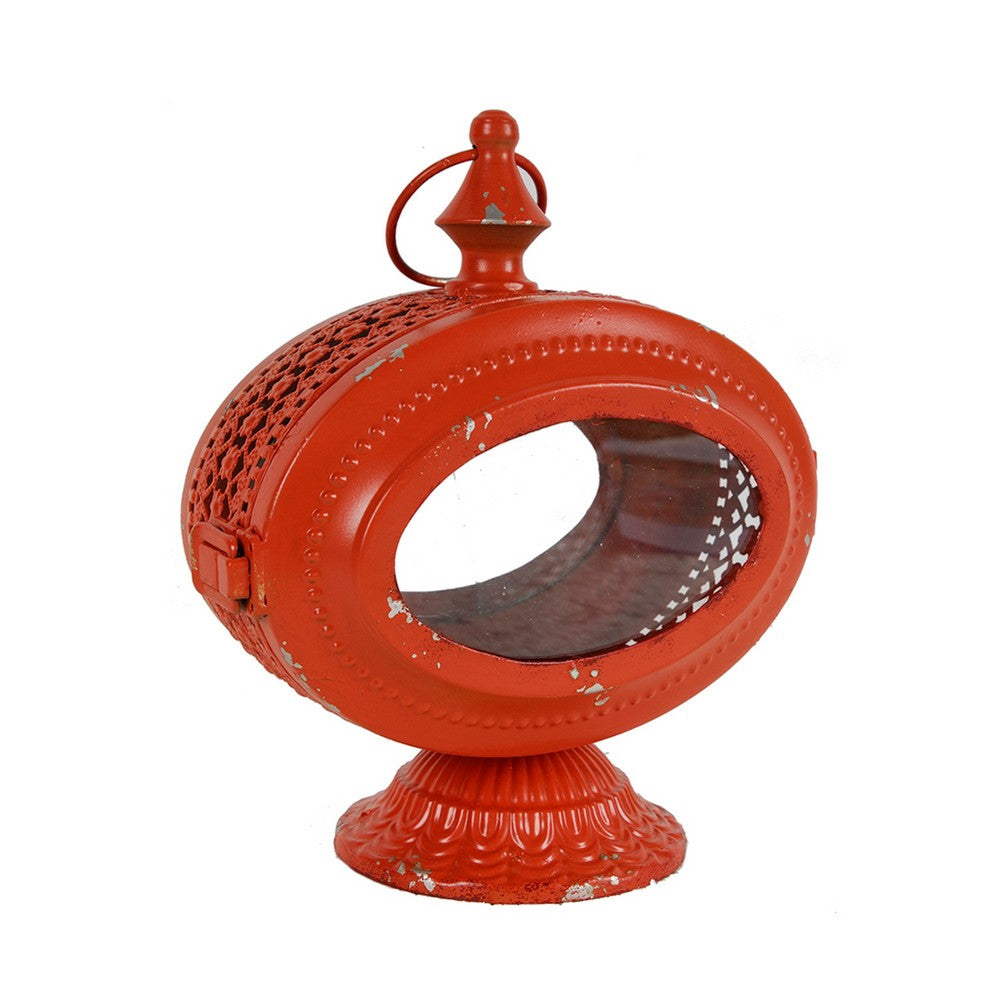 Cia Candle Holder | 12" Oval Shape | Red Iron Frame with Glass Center