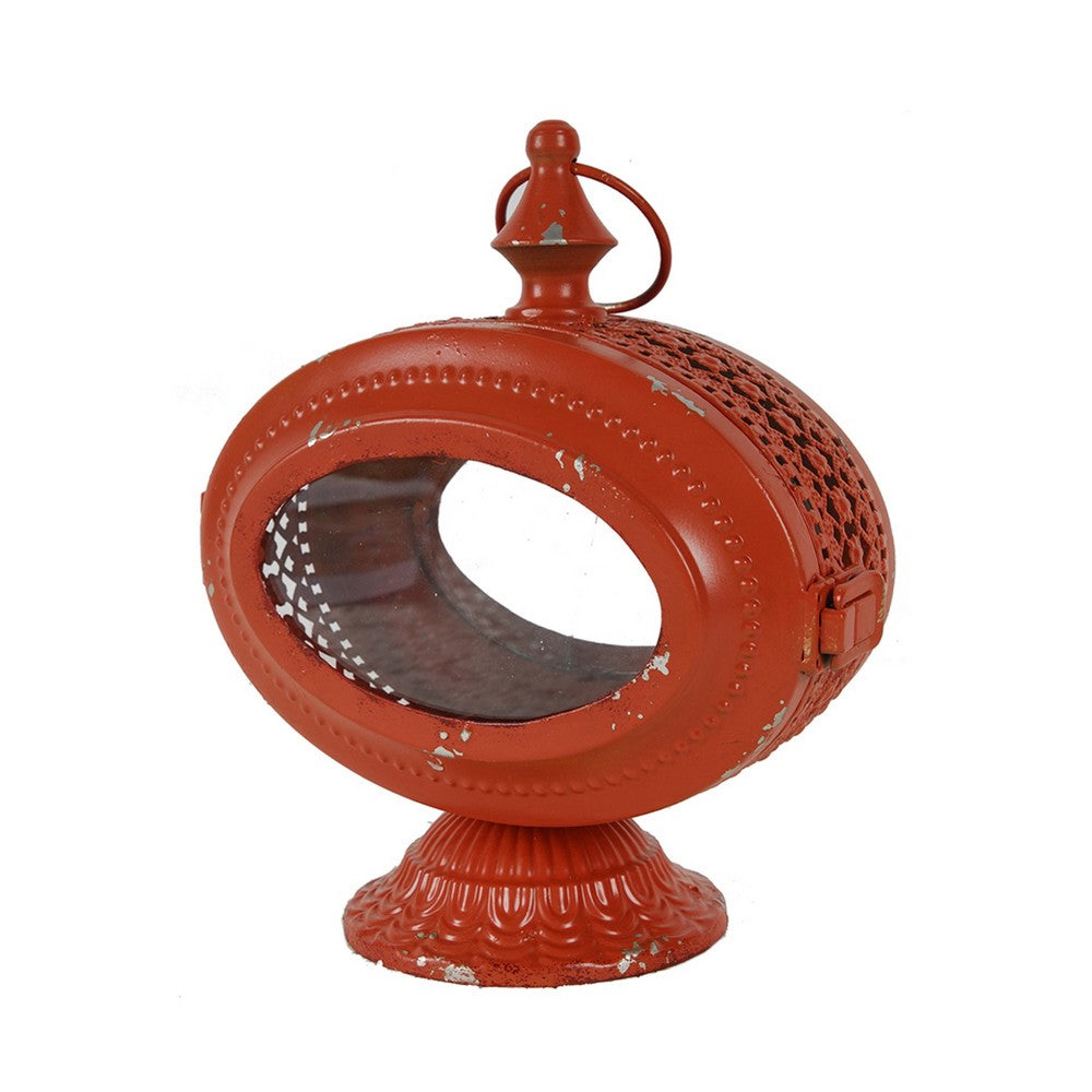 Cia Candle Holder | 12" Oval Shape | Red Iron Frame with Glass Center