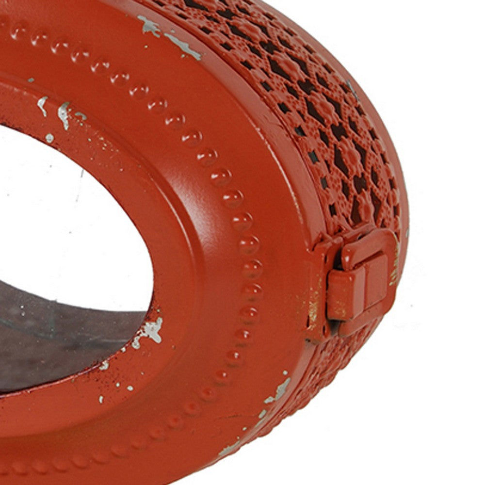Cia Candle Holder | 12" Oval Shape | Red Iron Frame with Glass Center