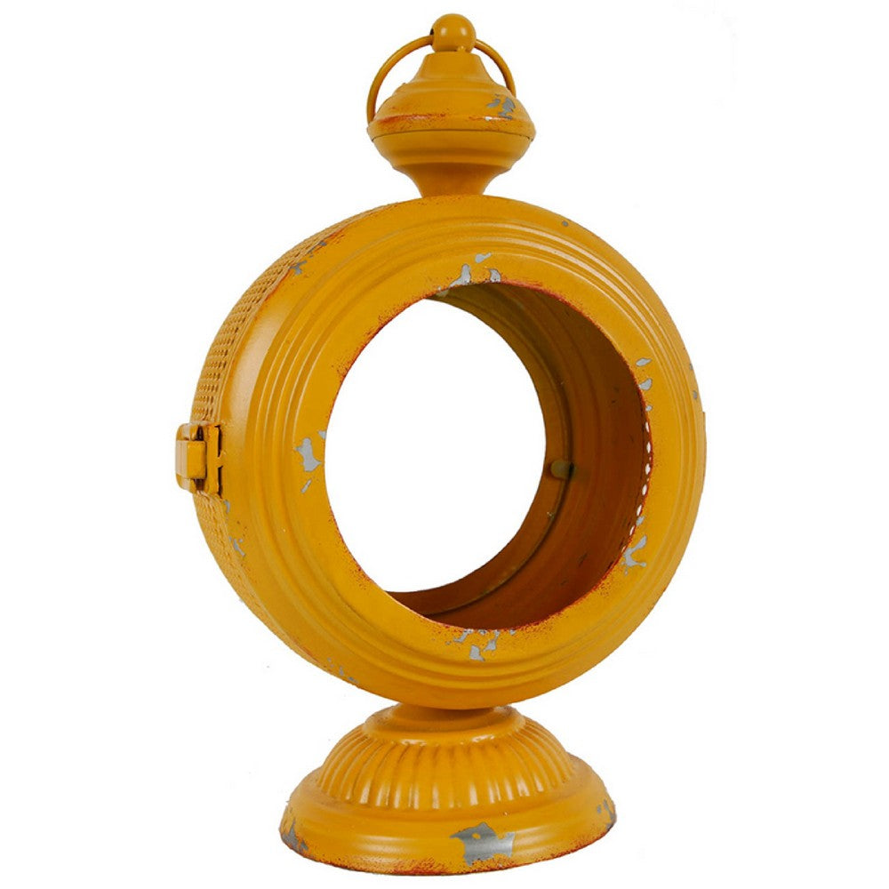 Cia Candle Holder | 13" Round Shape | Yellow Iron with Glass Center