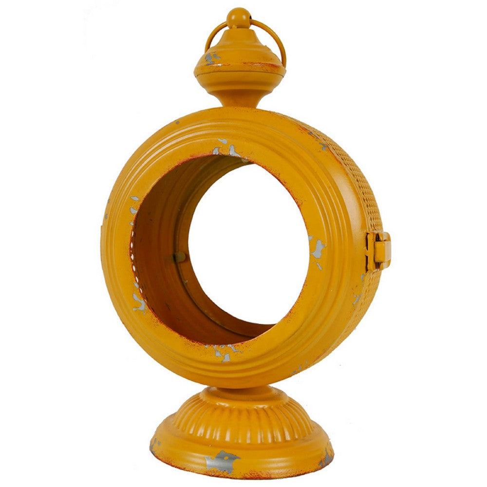 Cia Candle Holder | 13" Round Shape | Yellow Iron with Glass Center