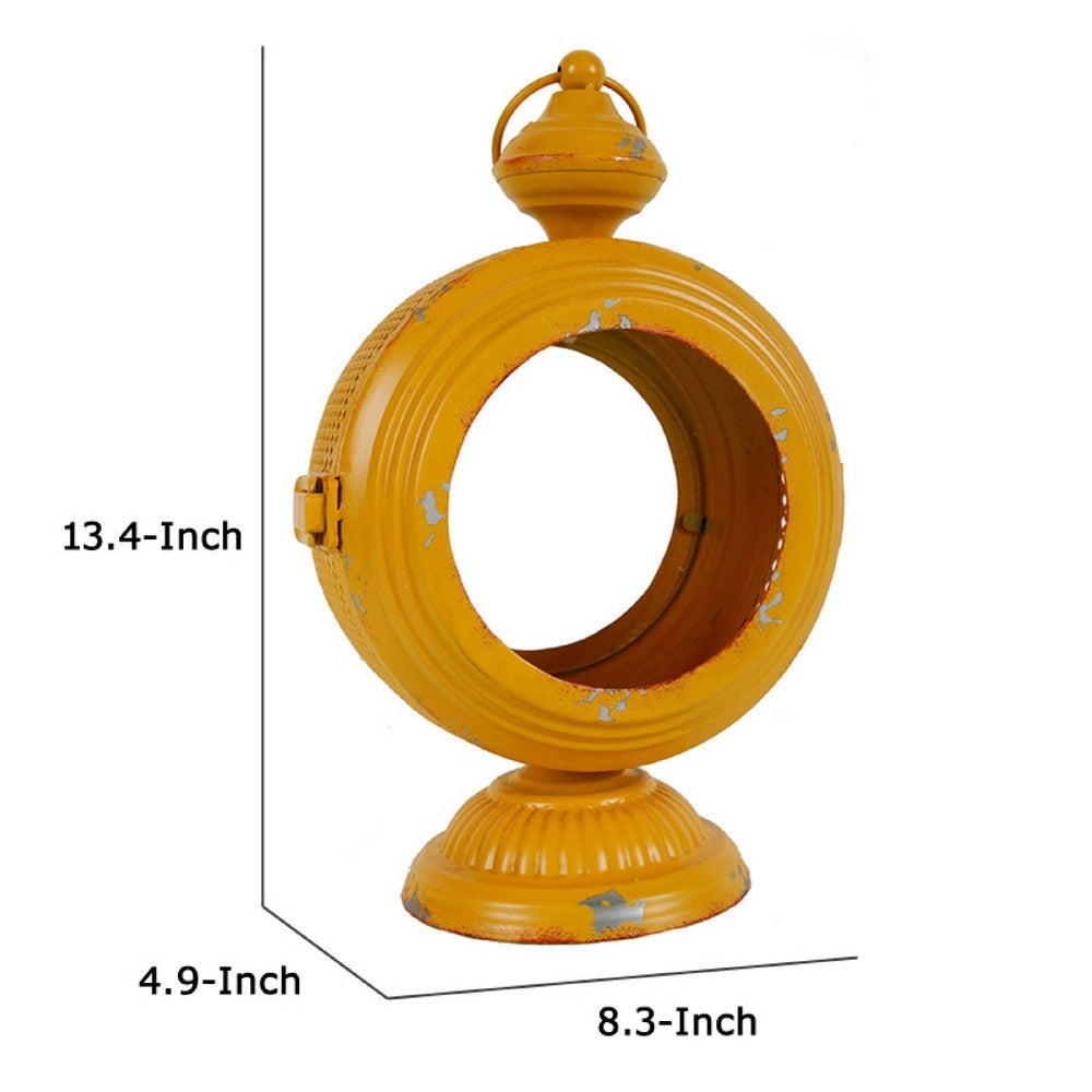 Cia Candle Holder | 13" Round Shape | Yellow Iron with Glass Center