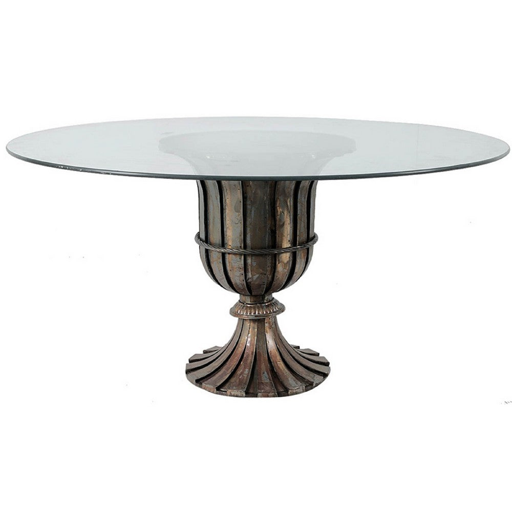 Dining Table | 60" Round Clear Glass Top | Classical Bronze Metal Base