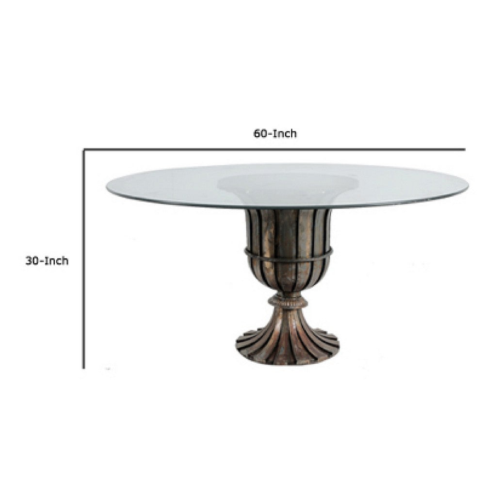 Dining Table | 60" Round Clear Glass Top | Classical Bronze Metal Base