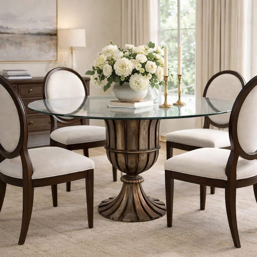 Dining Table | 60" Round Clear Glass Top | Classical Bronze Metal Base